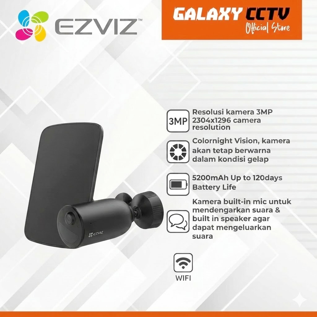 Ezviz EB3 2K 3MP Smart Home Battery Camera + Solar Panel Kit Bundle - CCTV Wifi Outdoor Wireless Bat