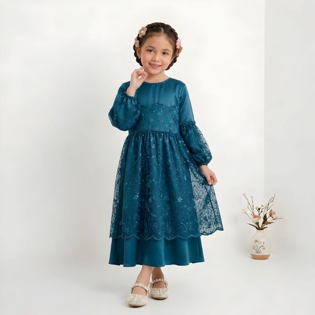 Dress Pesta Anak Perempuan Brokat Bordir Gamis Anak Kekinian Gaun Princess Satin Elegan Size S-XXL C