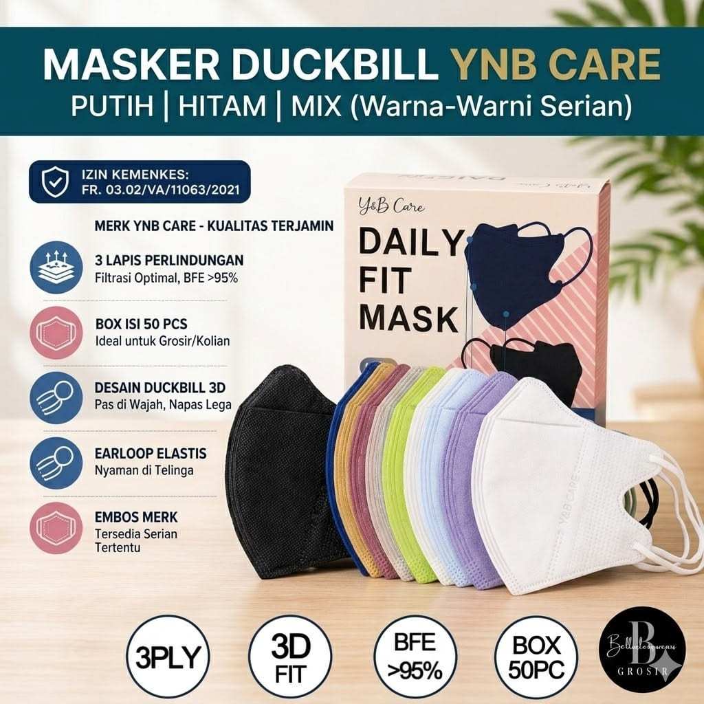 BELLA | MASKER DUCKBILL 3PLY YNB OR ORLEE PUTIH HITAM EMBOS RAINBOW ISI 50 Y&B CARE EMBOS KOREA EARL