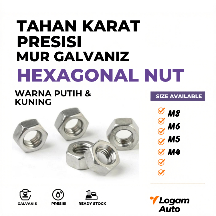 Mur Hexagonal m8 m6 m5 m4 Mur Kunci 12 10 8 7 Mur Kuning & Putih Galvanis