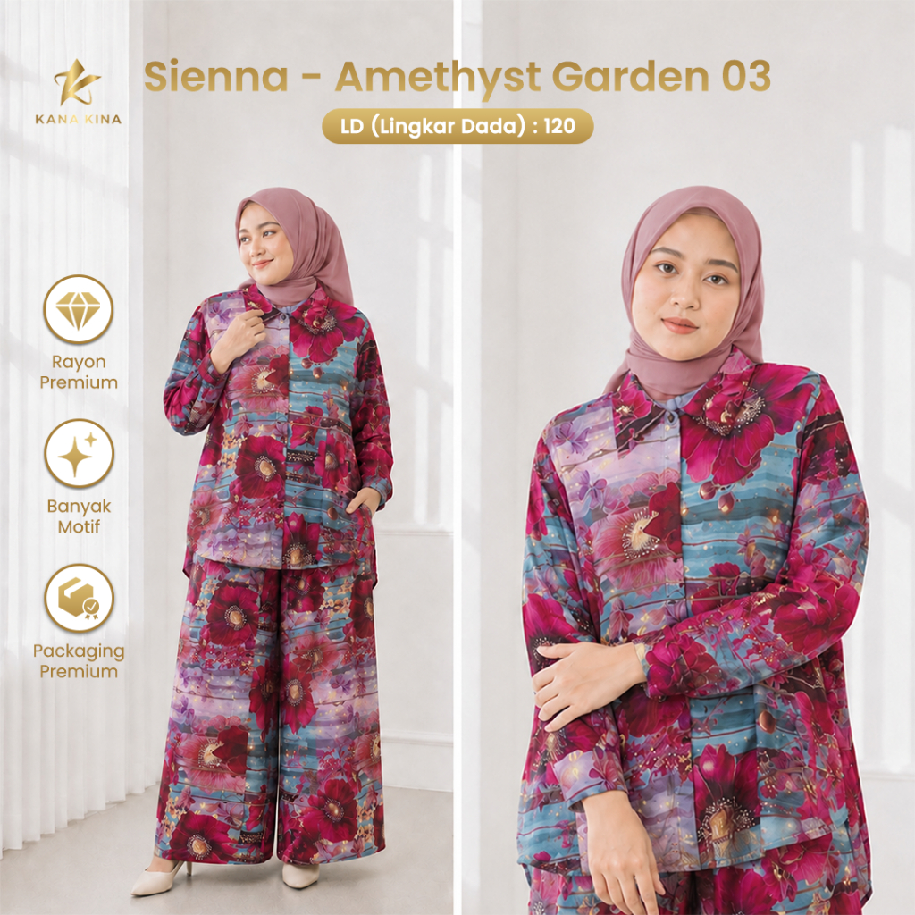 One Set Jumbo Amethyst Garden Motif Bunga Bahan Rayon Premium Kulot Lebar LD 120 Sienna Oneset