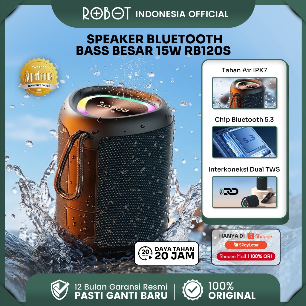 ROBOT Speaker Bluetooth 15W  IPX7 Waterproof Super Bass 78mm RGB Light Speaker Portabel Bluetooth 5.