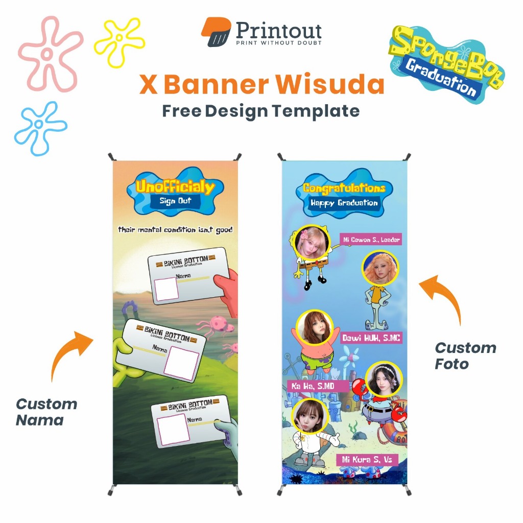 Printout X Banner Wisuda Spongebob Custom Foto & Nama | Stand Banner Graduation Karakter Lucu Bikini