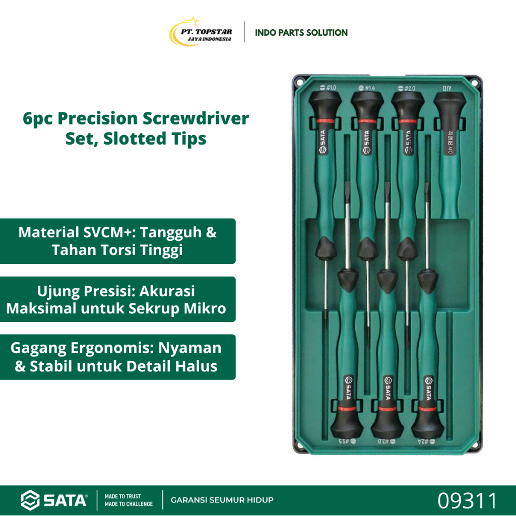 SATA Set Obeng Presisi 6 Pcs Kepala Minus - 6pc Precision Slotted Screwdriver Set  - 09311