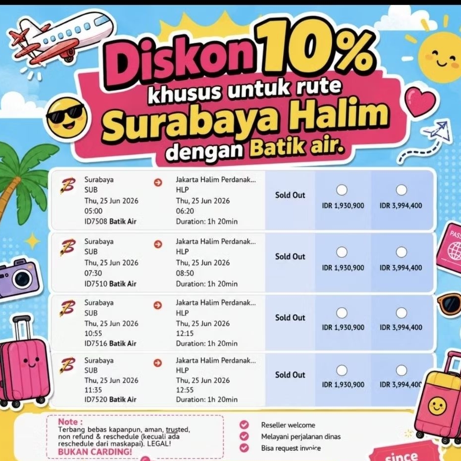 Diskon tiket pesawat batik air rute Surabaya Halim