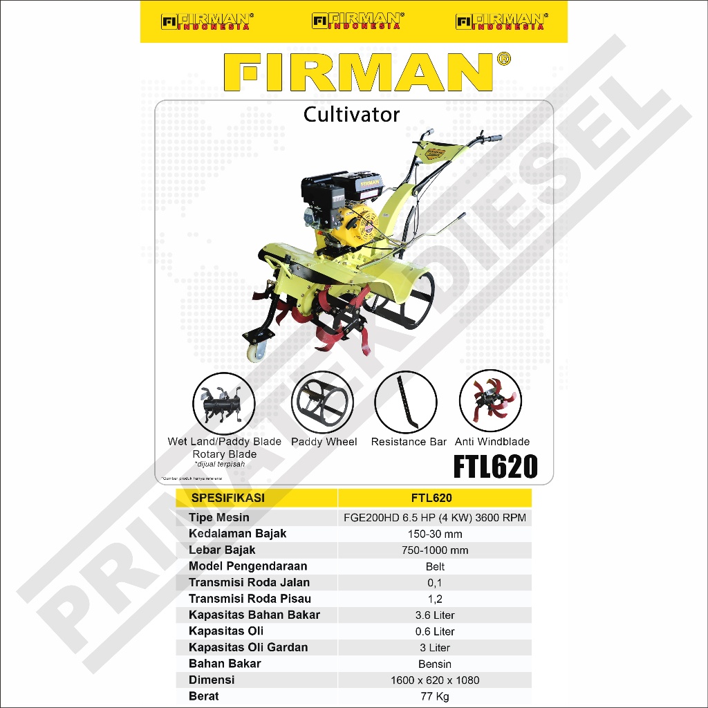 Mesin Traktor Cultivator Mini FTL620 FIRMAN / Mesin Bajak Mini FTL 620 FIRMAN / Mini Tiller Traktor 