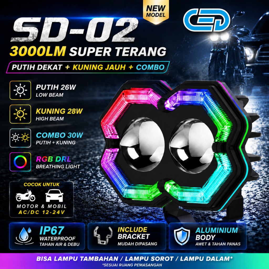 Lampu Tembak LED Motor RGB DRL 8 Warna Putih Kuning IP67 Bracket Untuk BeAT Vario NMAX CED SD-02