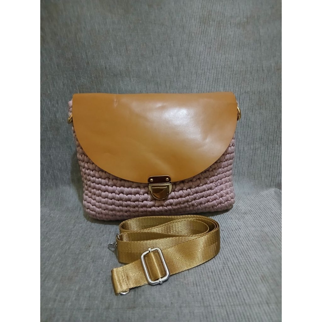 Tas bahan rajut mix kulit, cluth pesta bahan rajut