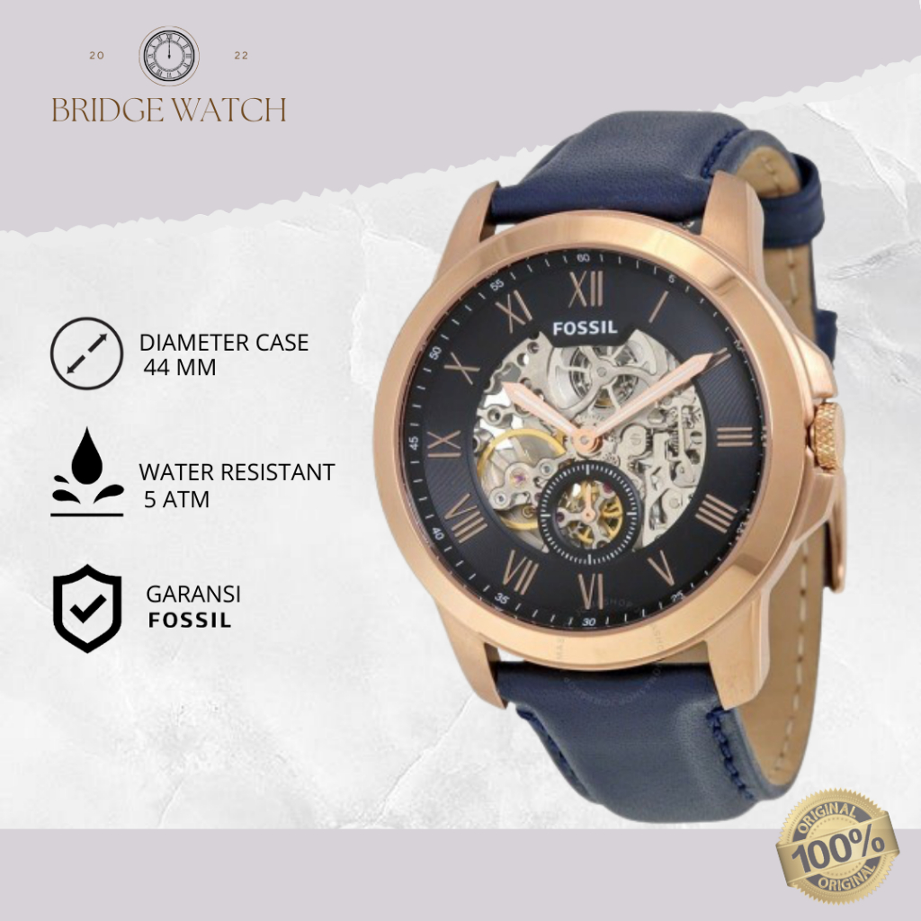 Jam Tangan Fossil Grant Automatic Pria Analog Kulit Navy Blue Casual Mewah Original ME3054