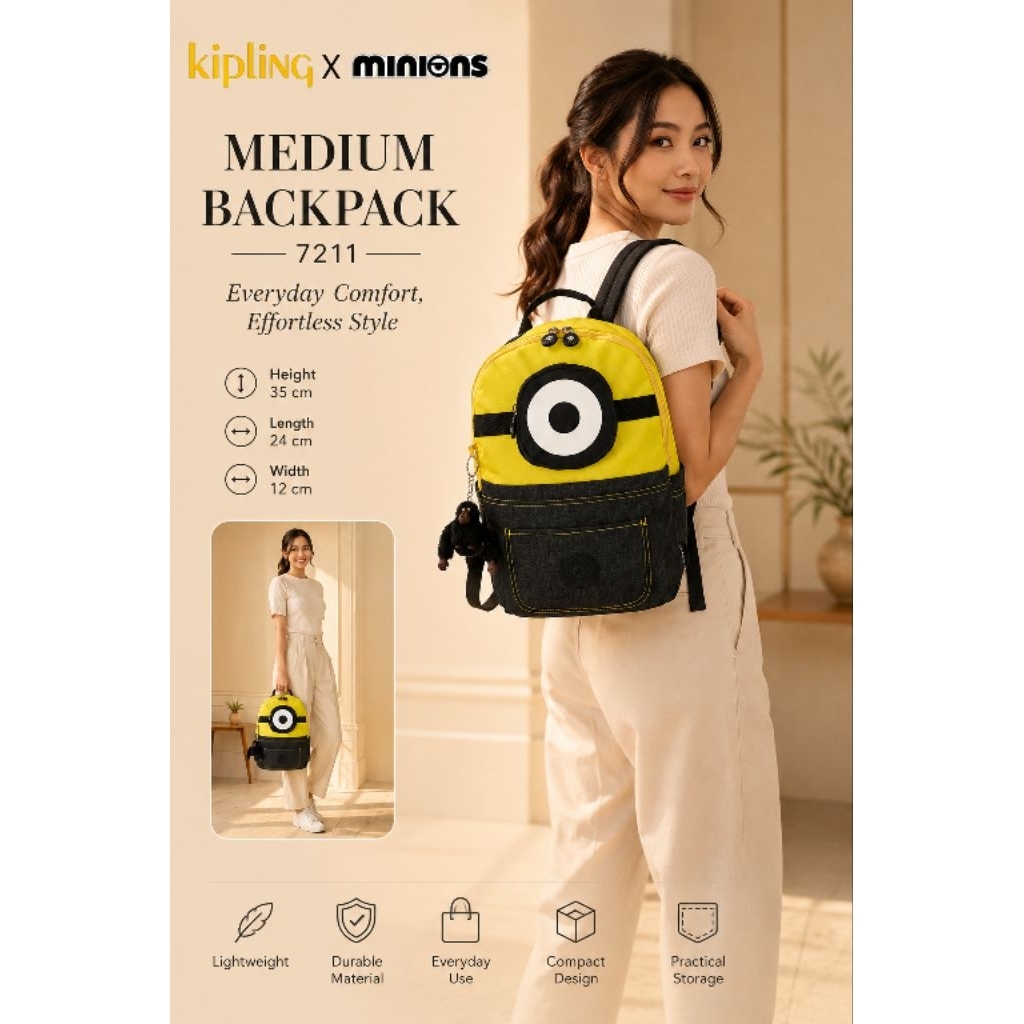 Ransel Kipling X Minions kualitas Import Grade Ori bahan Parasut ringan waterproof