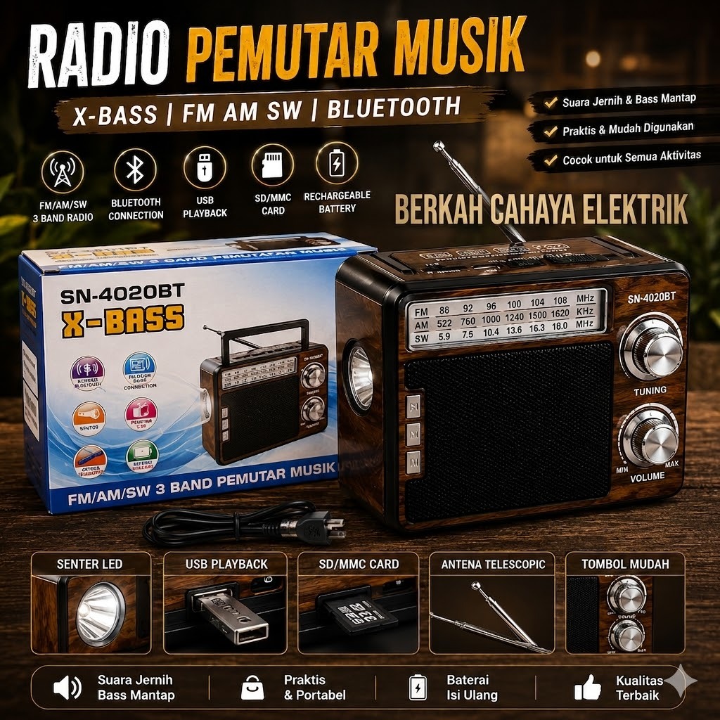 Radio Bluetooth Jadul SN-4020BT - Radio Klasik SONIA 4020BT - Radio Portable dengan Bluetooth