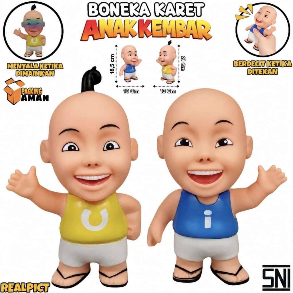 1298 mainan anak boneka karet Upin Ipin dipencet bisa bunyi + lampu LED /mainan anak boneka Upin ipi