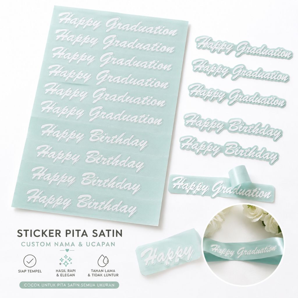 Sticker Pita Satin Happy Graduation | Sticker Buket Wisuda Premium | Tulisan Pita Buket Siap/Sticker
