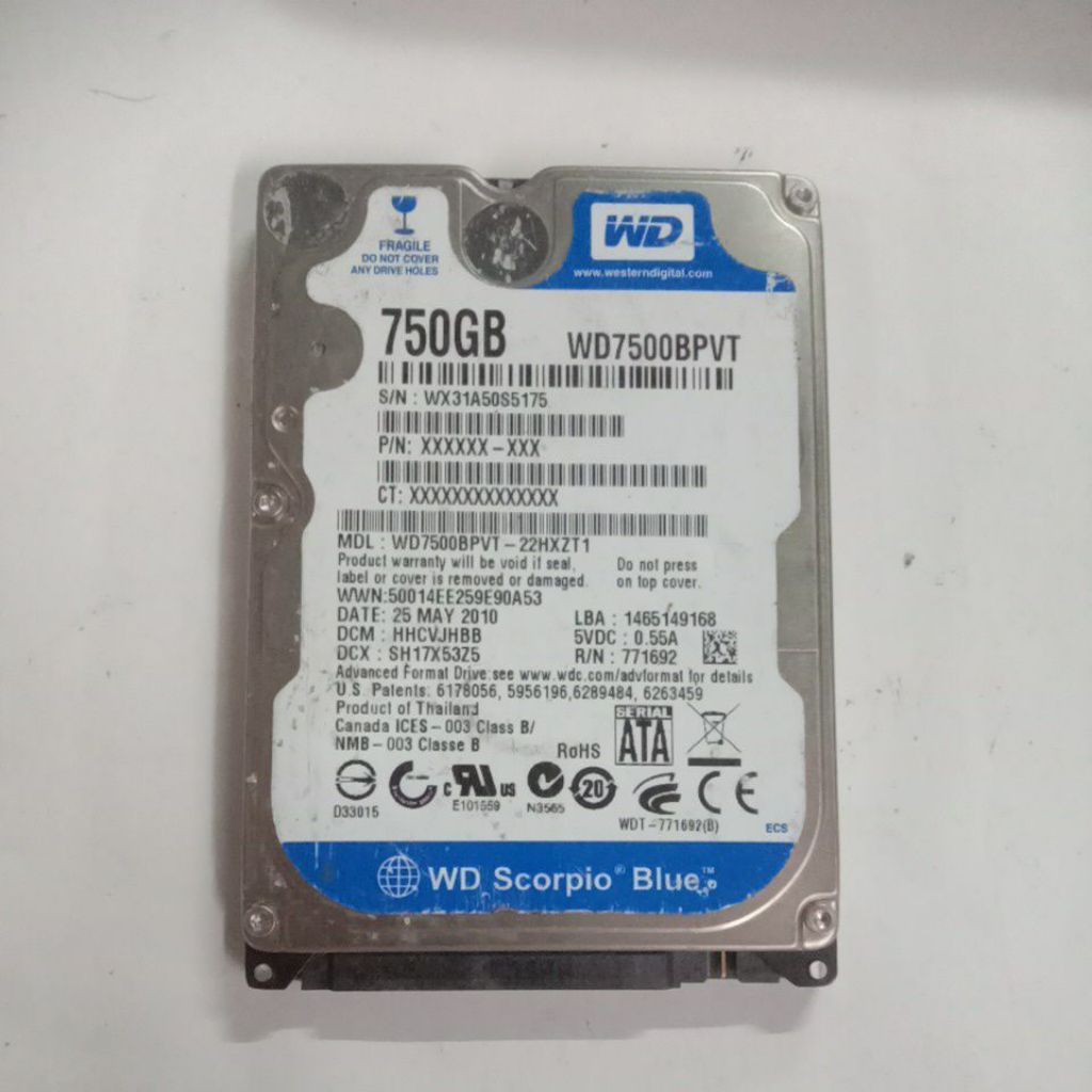 harddisk hdd internal WD scorpio blue kapasitas 750GB laptop