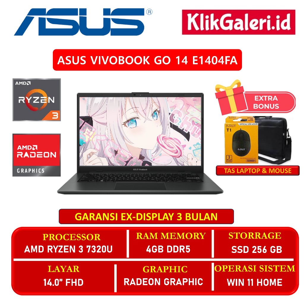 [EX-DISPLAY] ASUS Vivobook Go 14 E1404FA - AMD Ryzen 3 7320U 4GB 256GB SSD 14 Inch FHD Windows 11 Ho