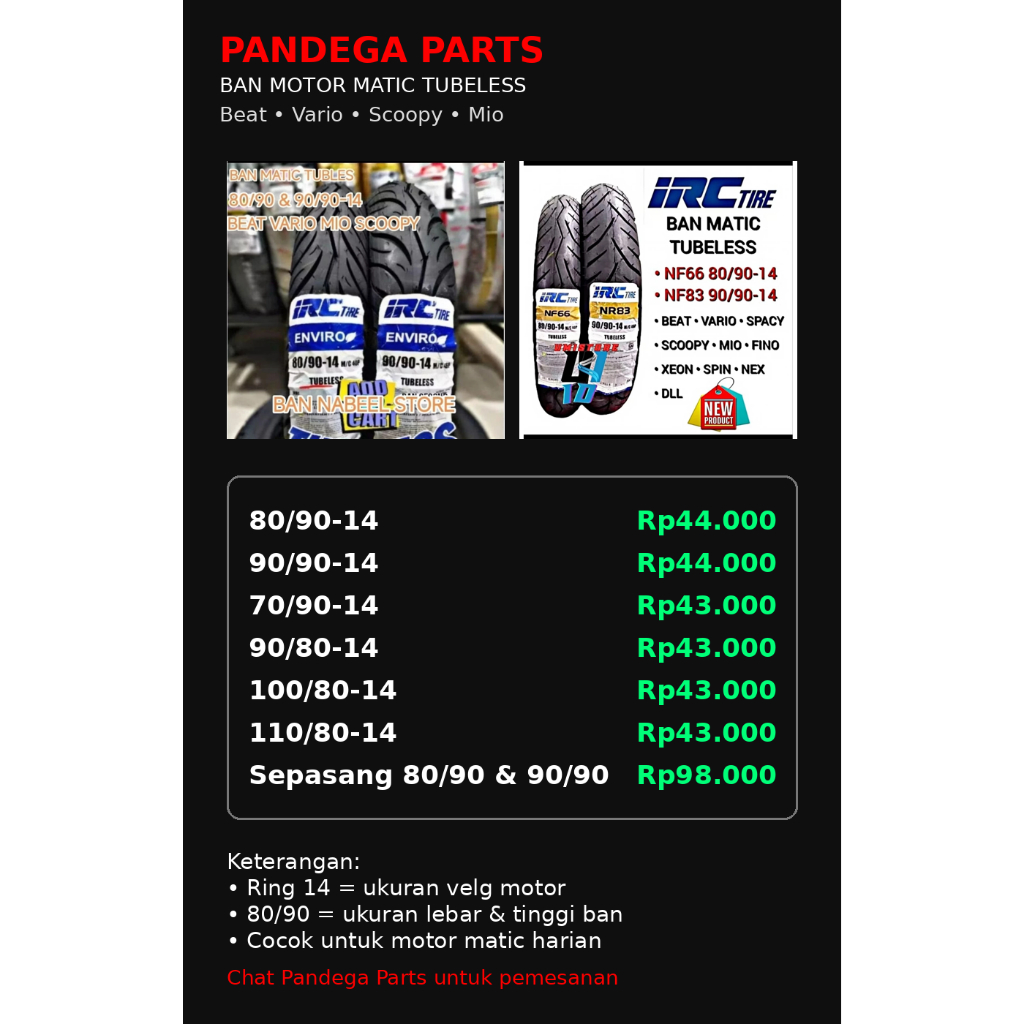 IRC BAN MOTOR METIK RING 14 TUBLES
