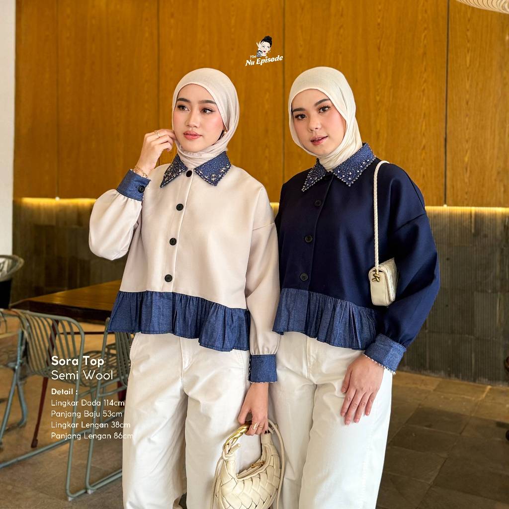 The NuEpisode - Top Sora Denim Kombinasi Payet Oversize Formal Kancing Mutiara Atasan Wanita Katun P
