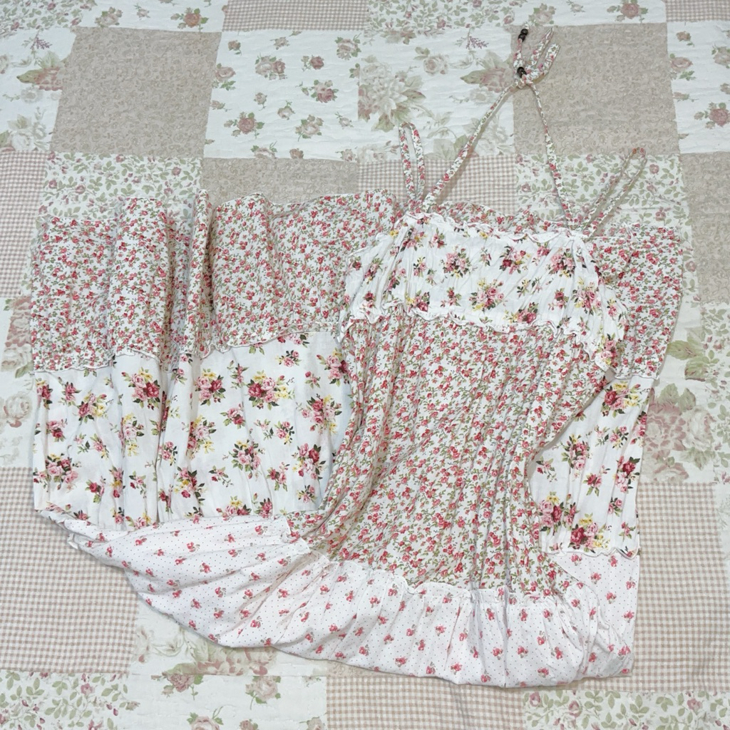 sky bomber patchwork pw pink halter floral maxi dress vintage cottagecore fairy core y2k coquette hi