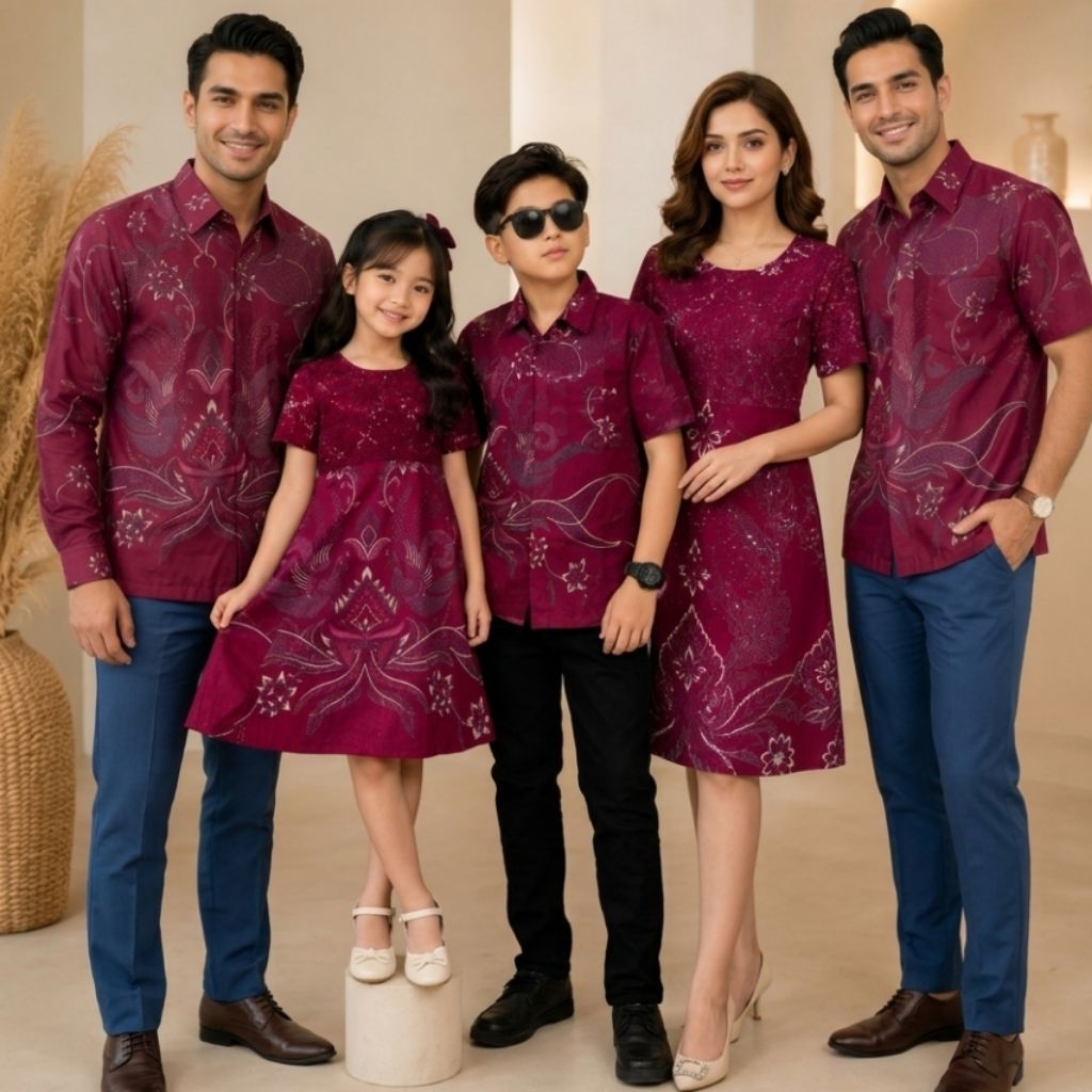 Outfit Couple Batik Keluarga Modern Hem Pendek Dres Brokat Batik Anak Dress Brokat Anak Perempuan & 