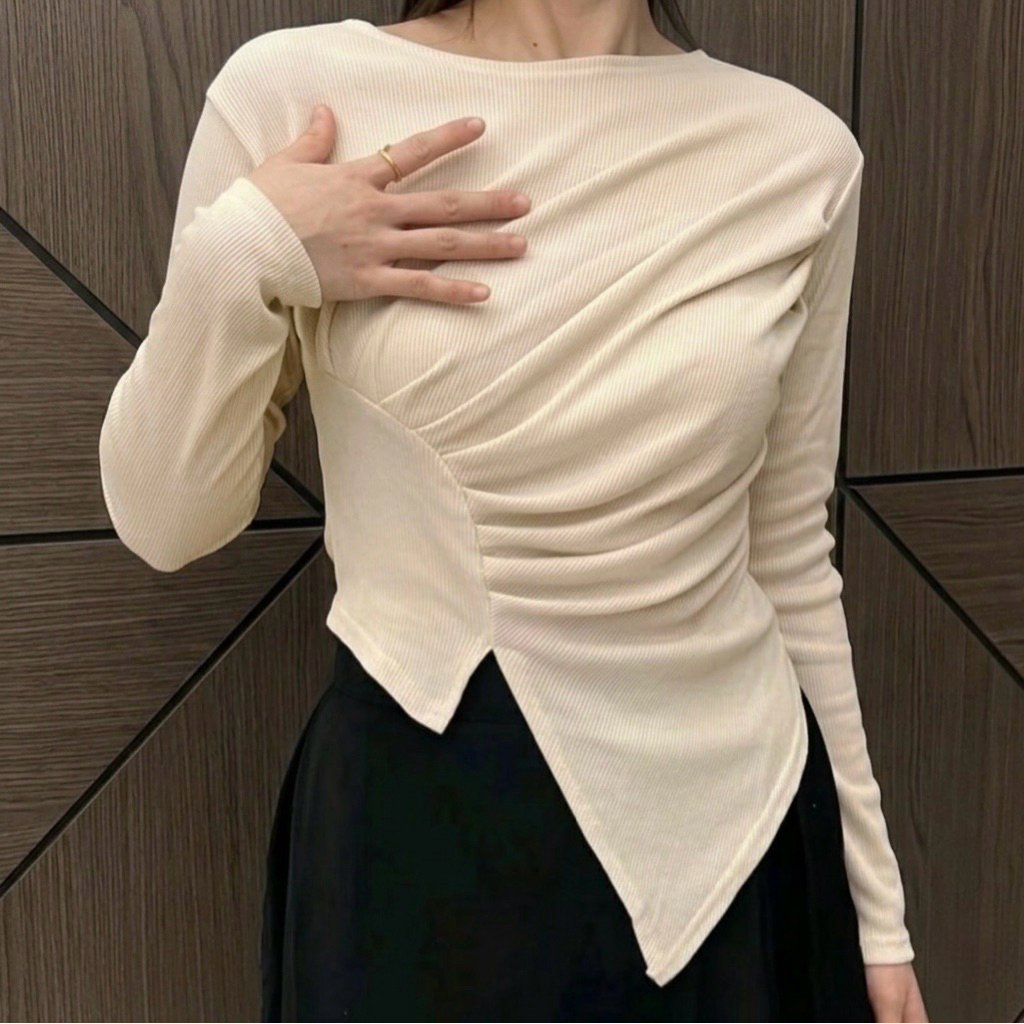 Atasan blouse knit ribbed kerut samping - Crop top baju rib lengan panjang - Atasan wanita kekinian