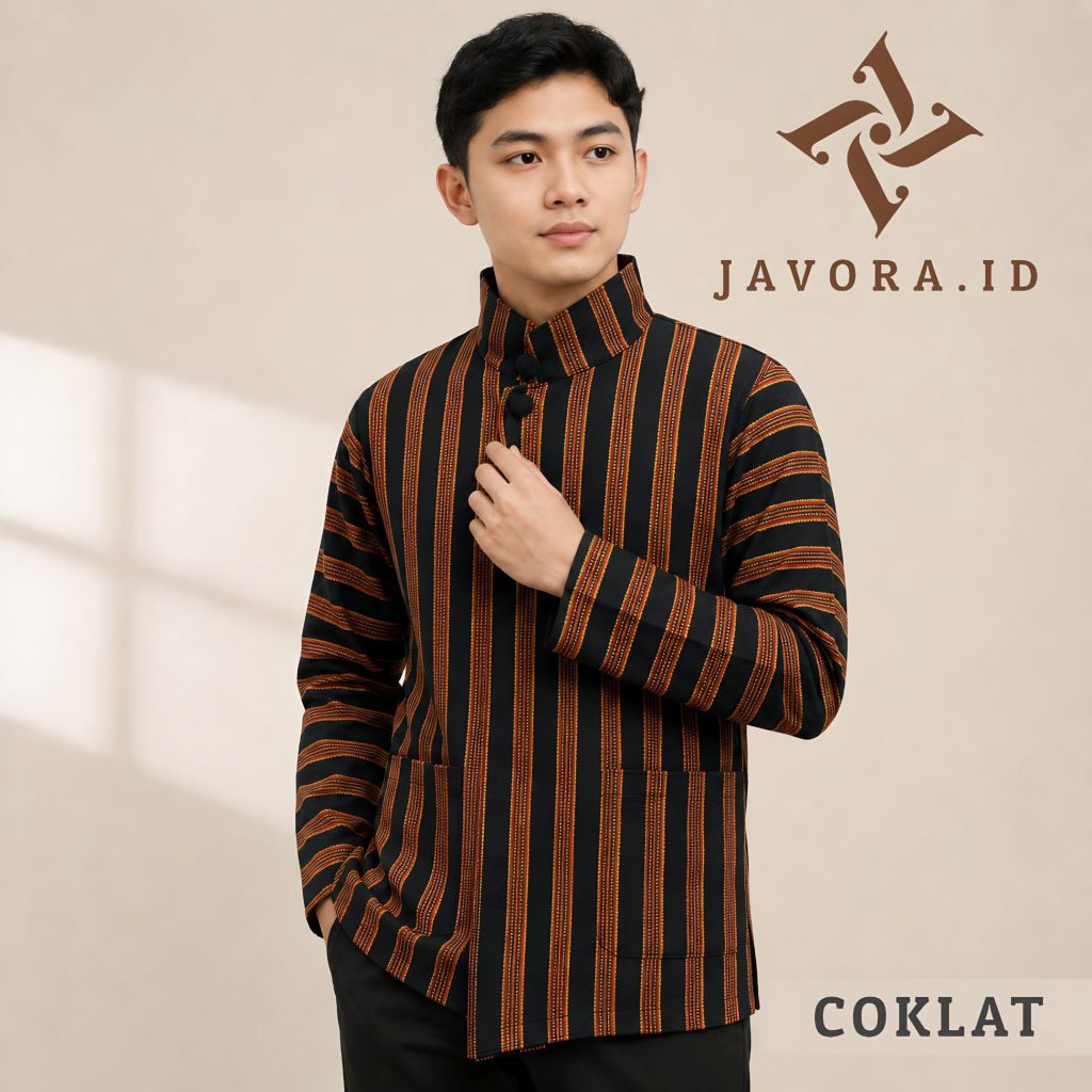 Javora - Baju Adat Jawa Surjan Lurik Dewasa Pria Atasan Baju Adat Jawa Tenun Lurik Modern