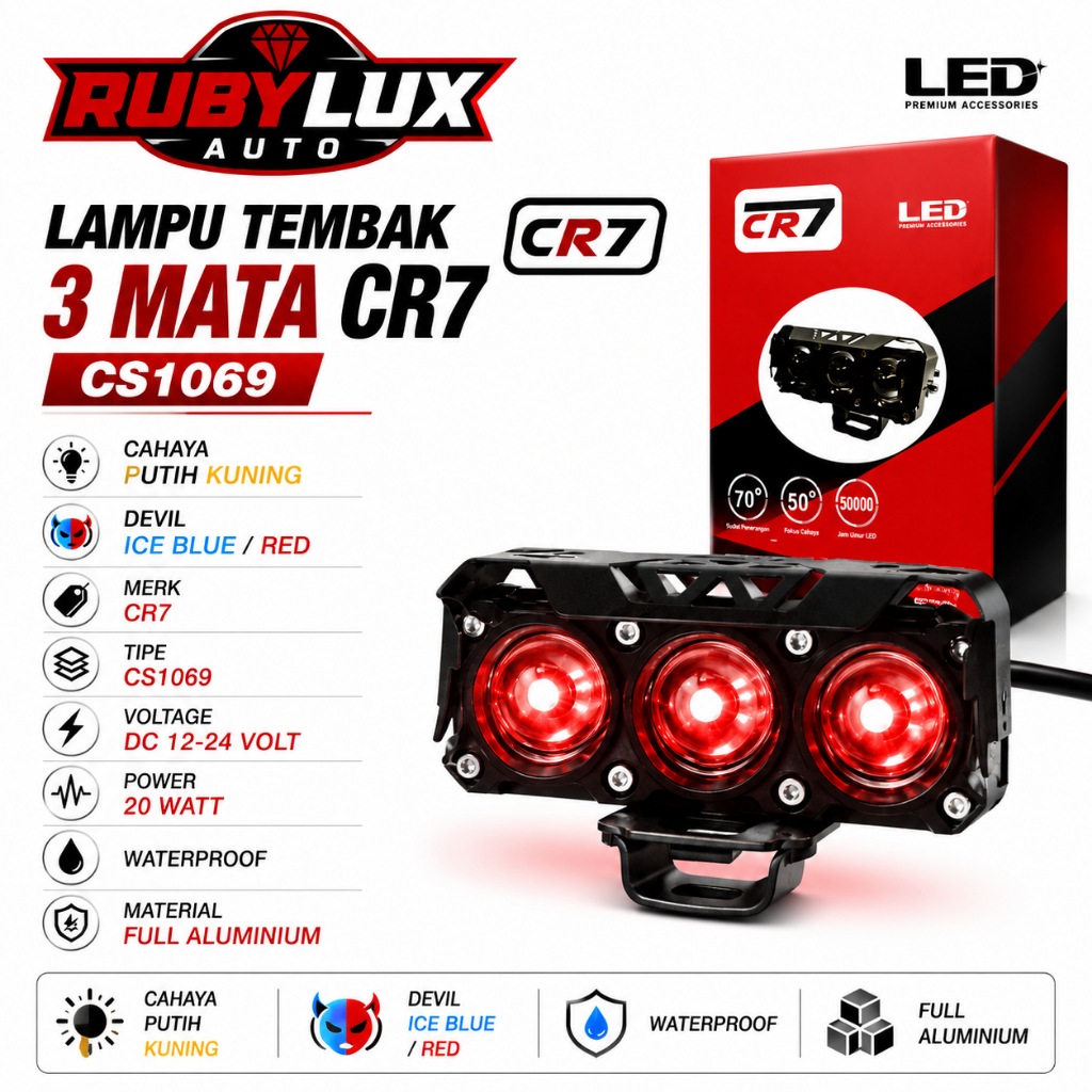 Lampu Tembak Laser SQL 3 Mata CR7 Full Alumunium WaterProof