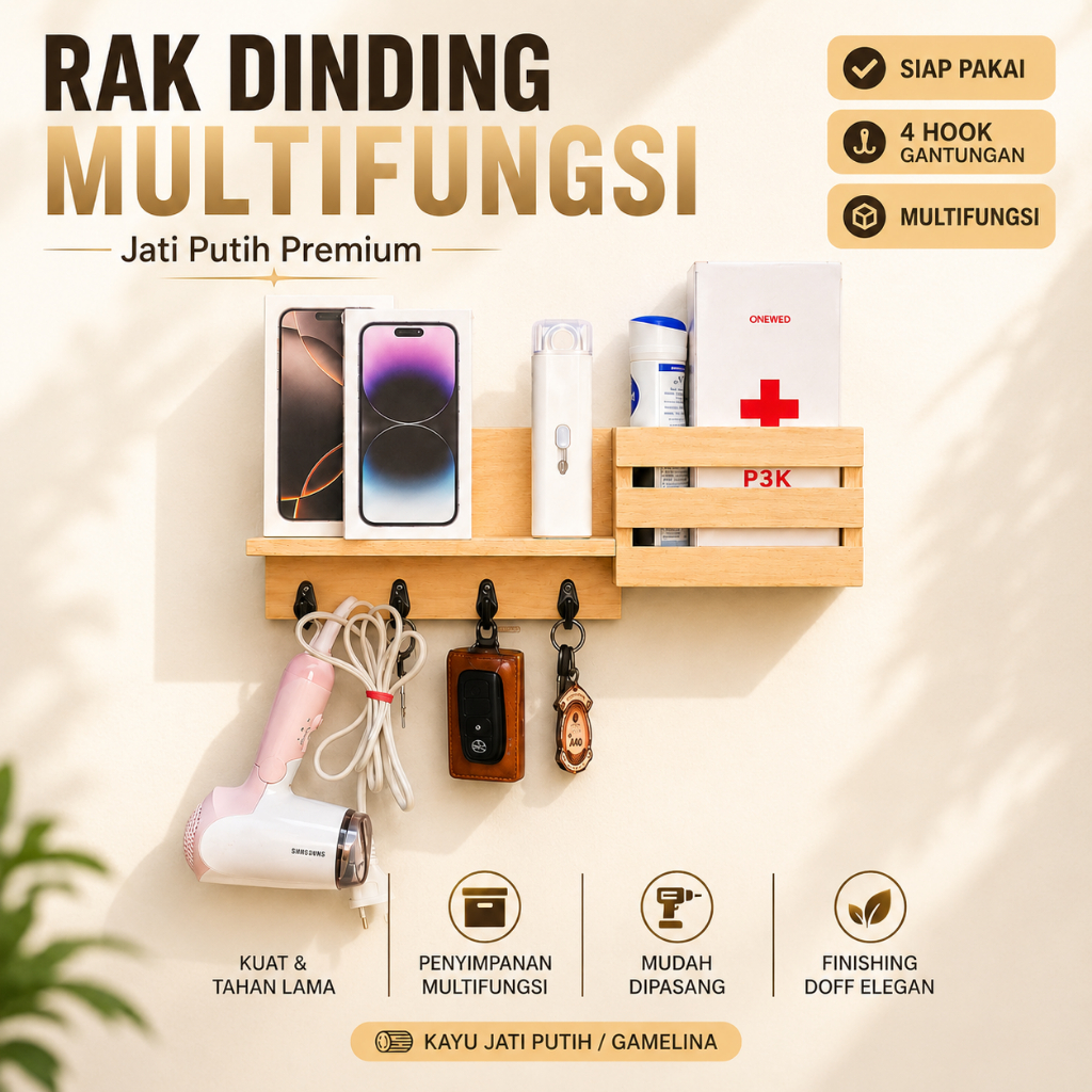 Rak Gantungan Tas Kayu Estetik 4 Hook Jati Belanda/Jati Putih | Rak Dinding Tempel Cafe Aesthetic Pl