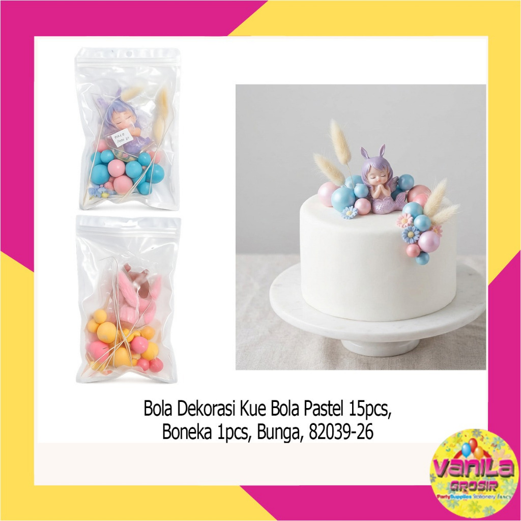 Bola Dekorasi kue bola pastel 15pcs, boneka 1pcs, bunga, cake topper, hiasan ultah, topper ulangtahu