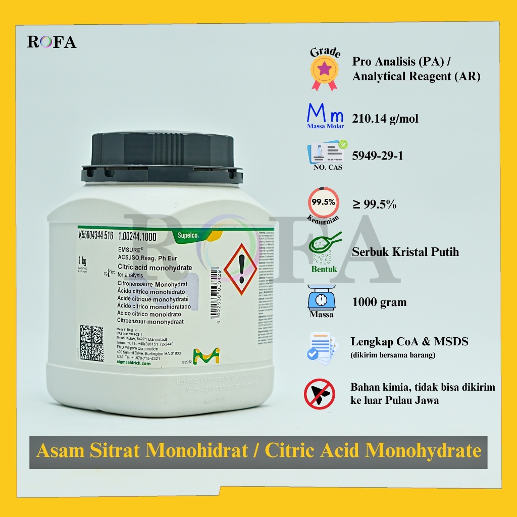 Asam Sitrat Monohidrat / Citric Acid Monohydrate / C6H8O7.H2O Pro Analisis 500 Gram - 1000 Gram