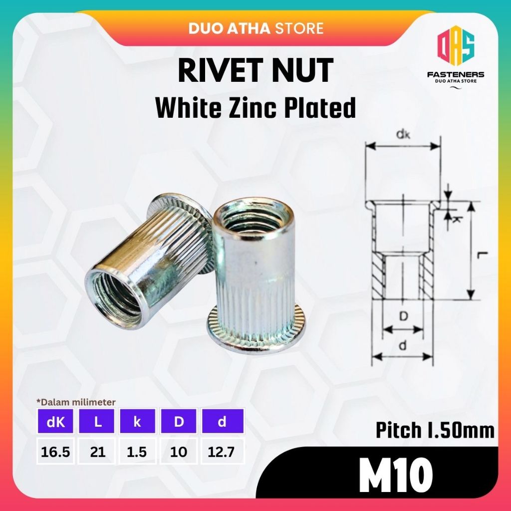 Rivet Nut Putih M10 / Insert Nut M10 / Mur Rivet M10 / Mur Furniture M10
