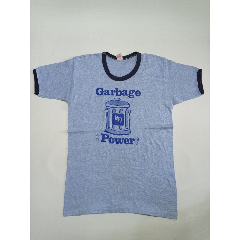 Kaos Ringer Tee Vintage 70s Single Stich Garbage Power Warna Biru Muda Size XL Fit M Second Brand Ru