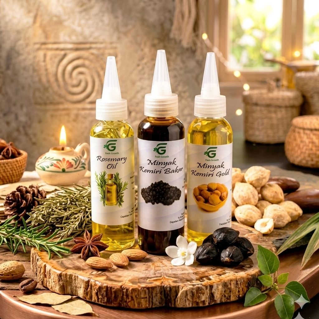 ( Paket Hemat 3 pcs ) Rosemary Hair Oil + Minyak Kemiri Bakar + Minyak Kemiri Murni - Perawatan Ramb