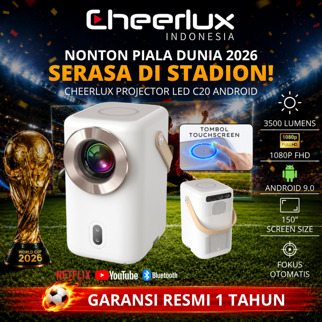 Smart Proyektor LCD CHEERLUX C20 Android TV 9 - 3500 Lumens - TOUCH SCREEN BUTTON  - Auto Focus
