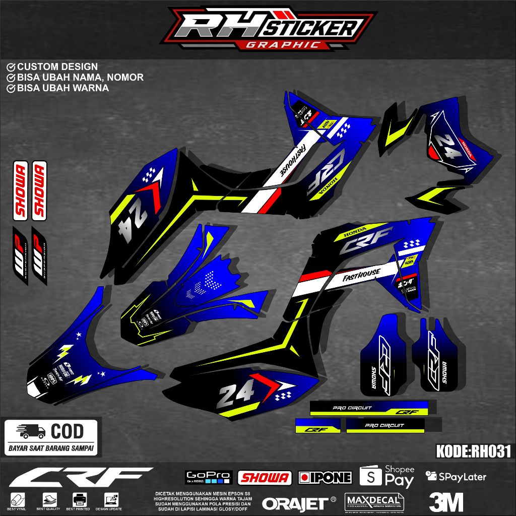 Stiker Decal Motor CRF 150L Custom RH Sticker Graphic Honda Biru Kuning Hitam Motif Balap RH031