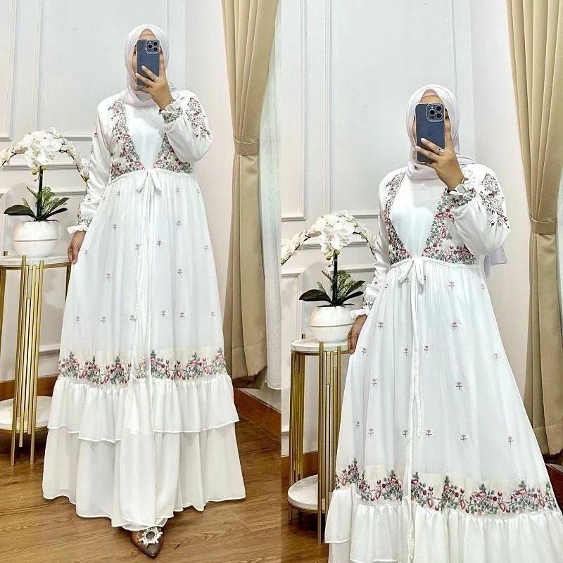 Baju Gamis Terbaru Jumbo Nabila Dress WD Bahan Ceruty Babydoll Aplikasi Bordir Size M L XL XXL LD 10