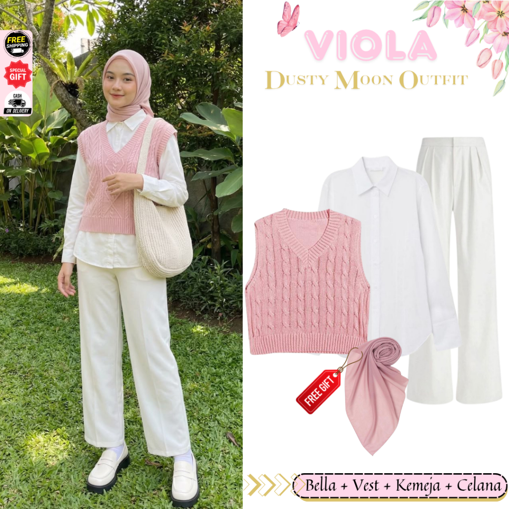 Viola Set Outfit KOrean Style [ Vest + Kemeja basic + Bella Square + Celanan ] One Set HAngout  Rema