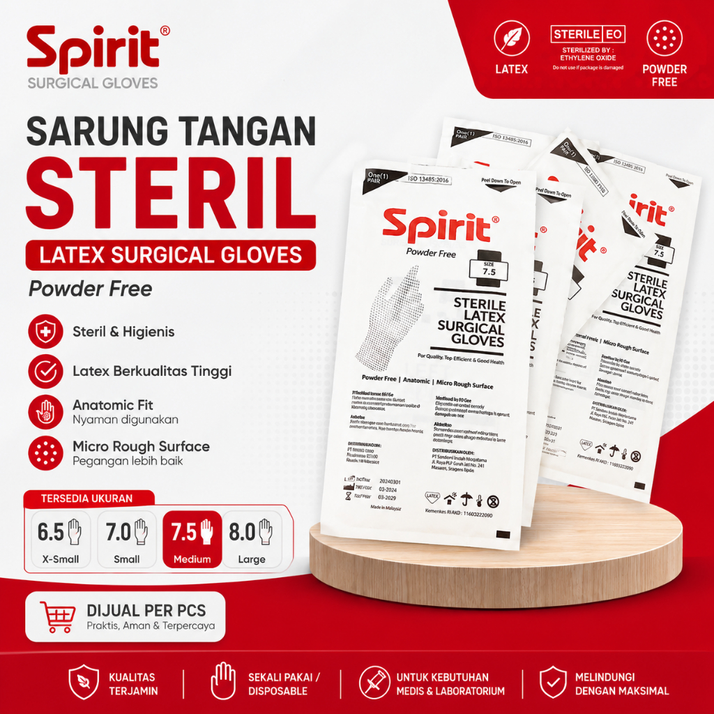 SPIRIT Sarung Tangan Steril Latex Powder Free 1 Pcs Handscoon Steril Sarung Tangan Bedah Surgical Gl