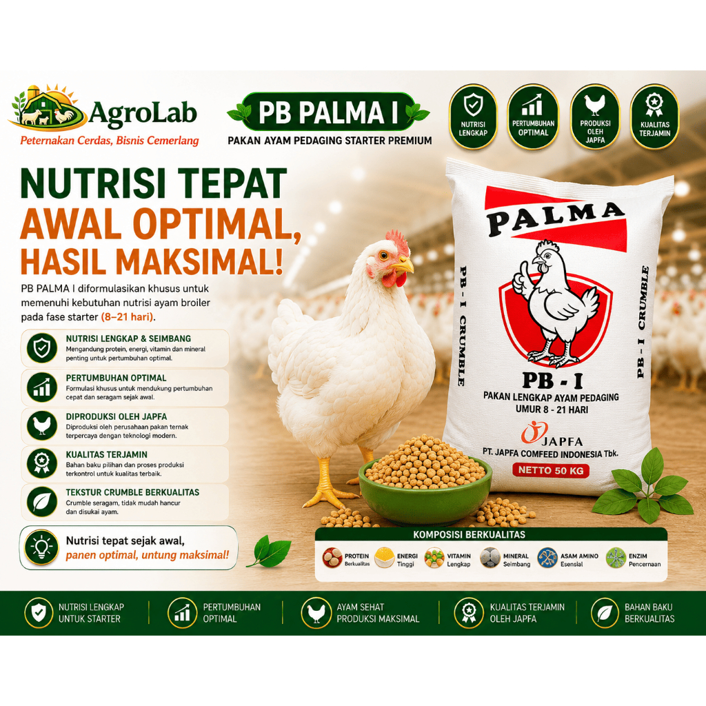PB Palma I Crumble Pakan Ayam Broiler Starter Umur 8-21 Hari Pakan Ayam Pedaging JAPFA