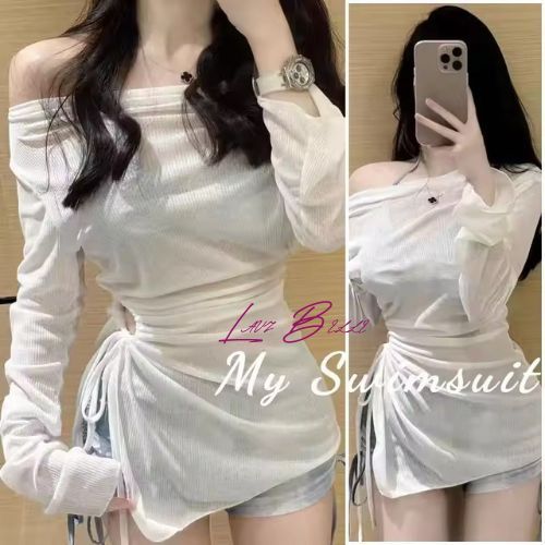 LAVIBELLE - Baju Renang Import Premium Bikini Blouse Putih Transparan Lengan Panjang Serut - BBW29