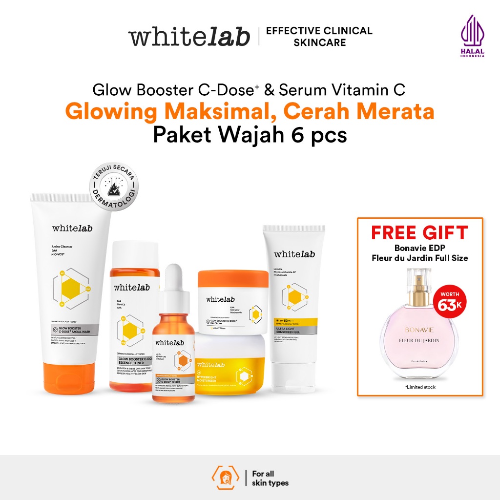 Whitelab 6 pcs Glow Booster C-Dose+ Brightening Paket Wajah - Facial Wash, Toner, Serum, Moisturizer