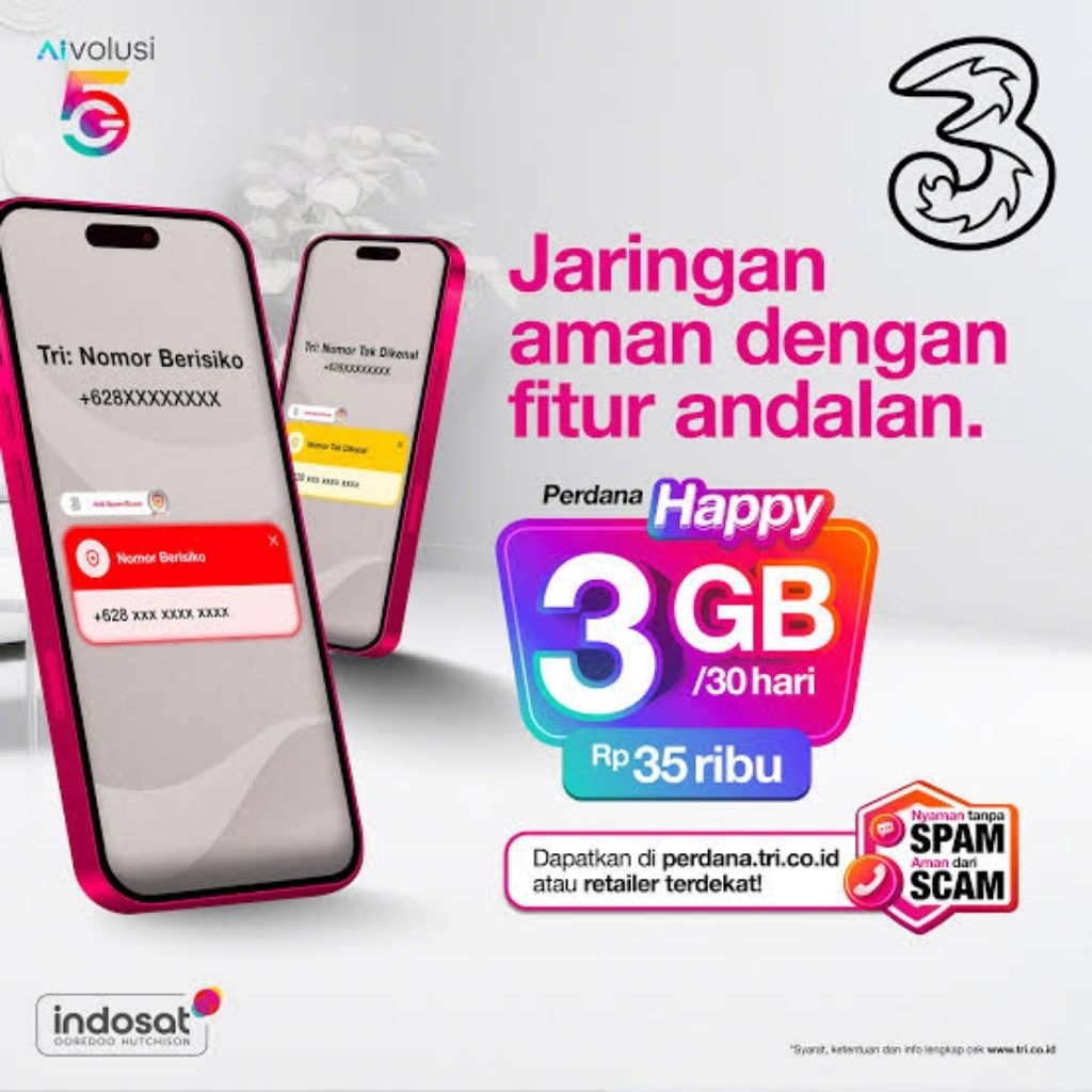 Kartu Perdana Tri Prabayar - Paket Internet Nasional Tanpa Kuota, Berlaku Seluruh Indonesia