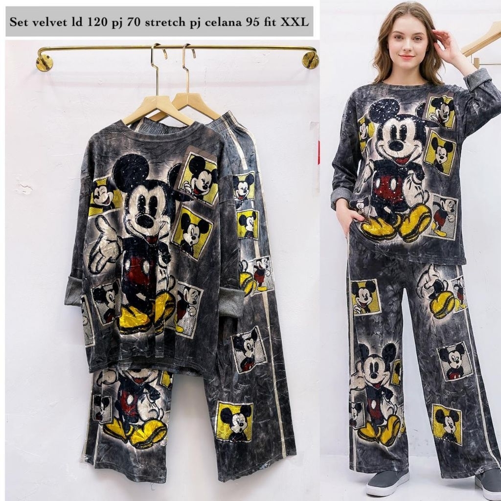 Setelan bludru velvet mickey premium