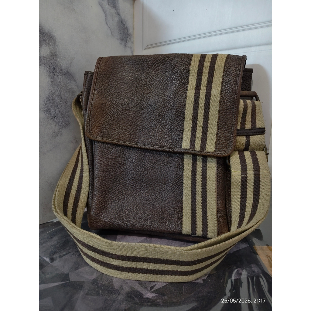 VINCI Sling Bag Messenger Genuine Leather Dark Brown Motif Stripe (SECOND)