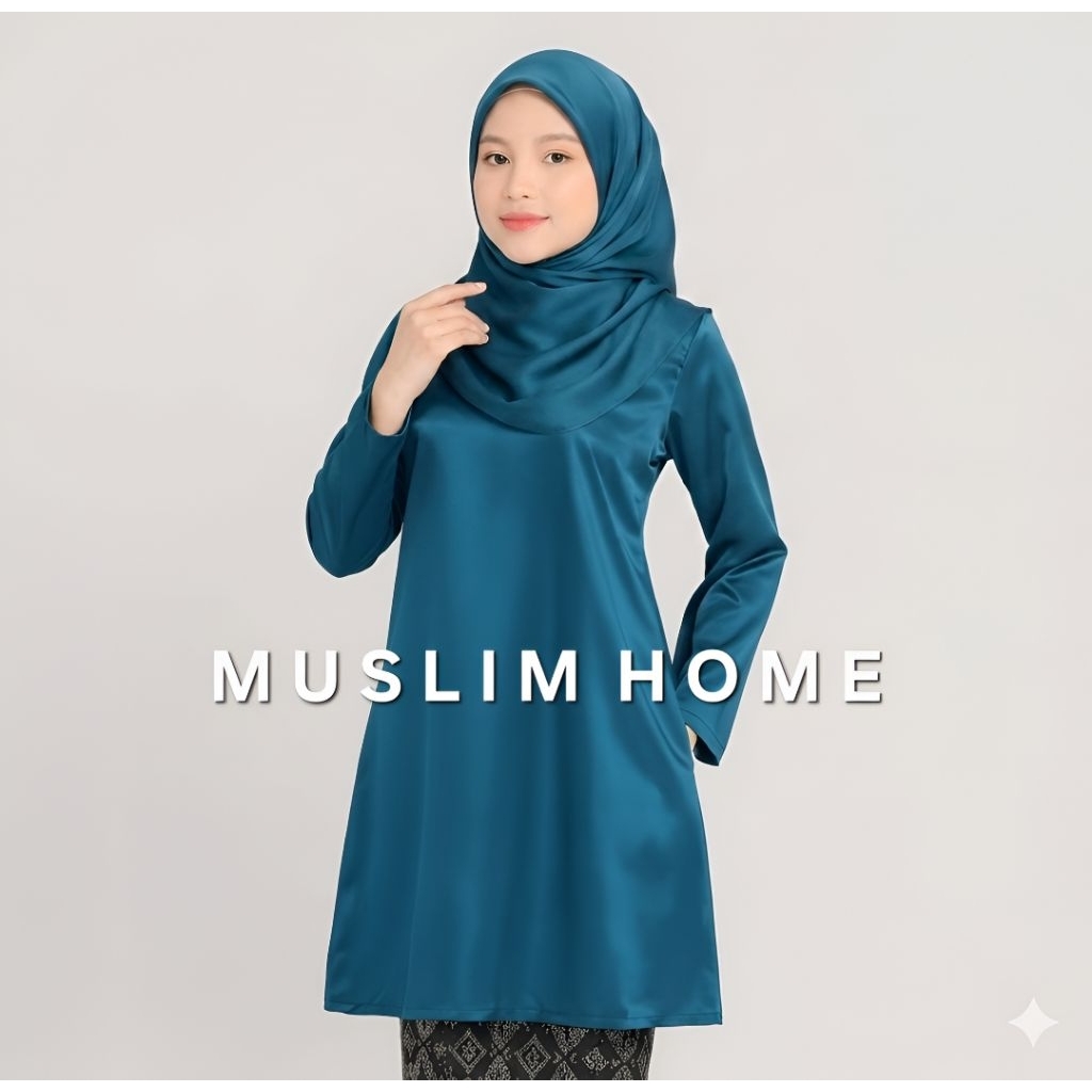 Atasan Saja Baju Kurung Melayu Wanita Pakaian Adat Malaysia Riau Tunik Polos Bahan Satin Velvet Prem