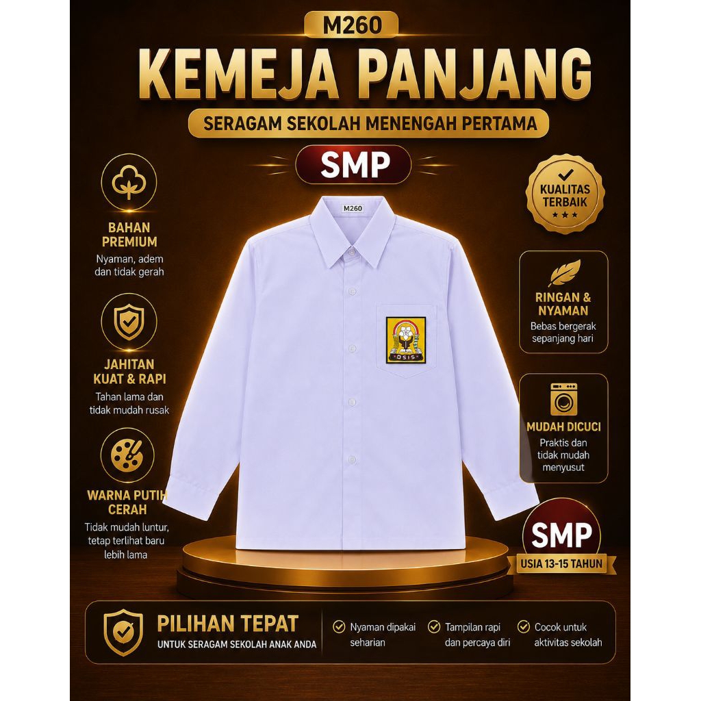 M260| Kemeja Seragam Sekolah Putih Lengan Panjang SMP – Seragam Sekolah Berkualitas, Nyaman & Rapi