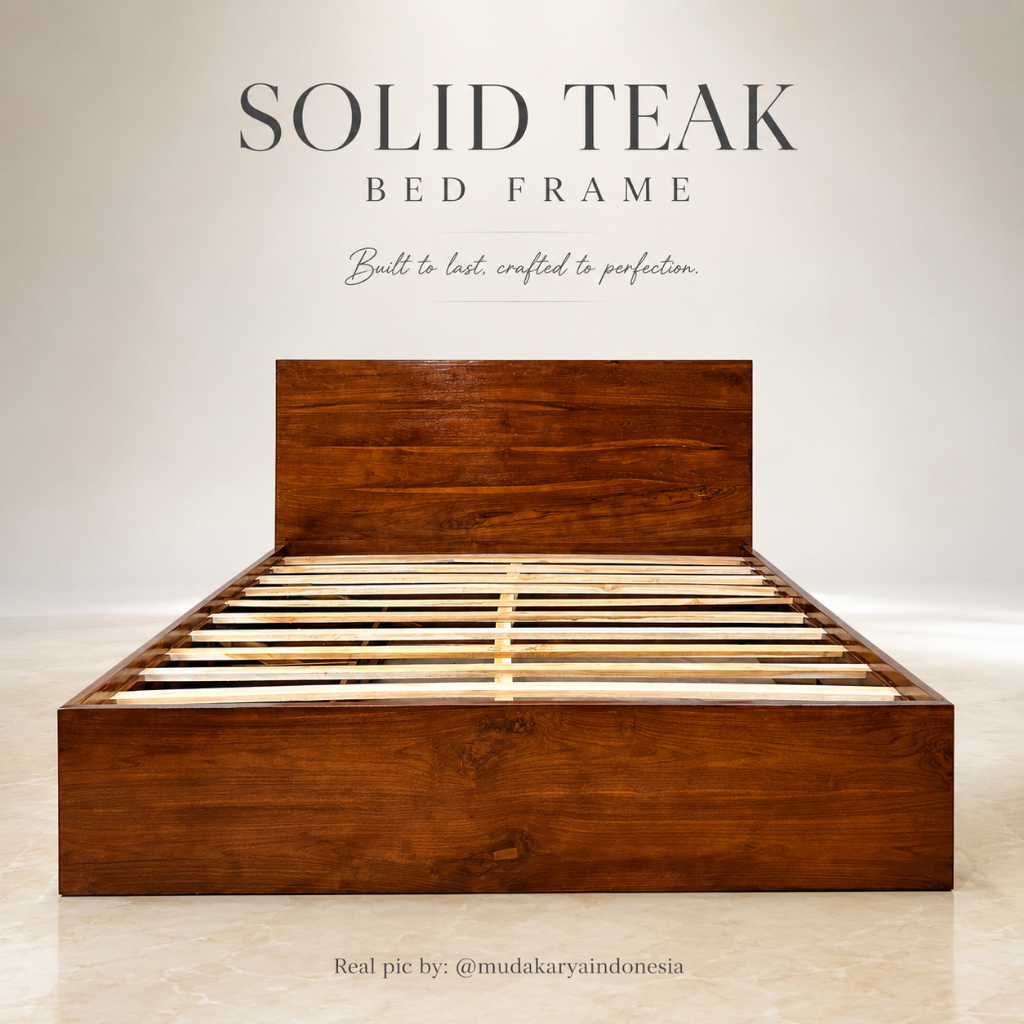 Tempat Tidur Kayu Jati Solid Minimalis Laci Samping Dipan Jati Modern Kuat Awet