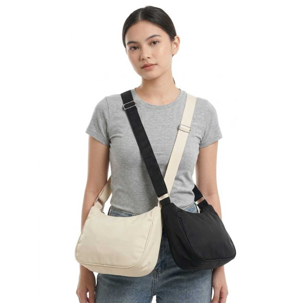 Tas Bahu Wanita Pria Aesthetic Cream Hitam Coklat Abu -Sling Bag Canvas Chinos Polos Casual