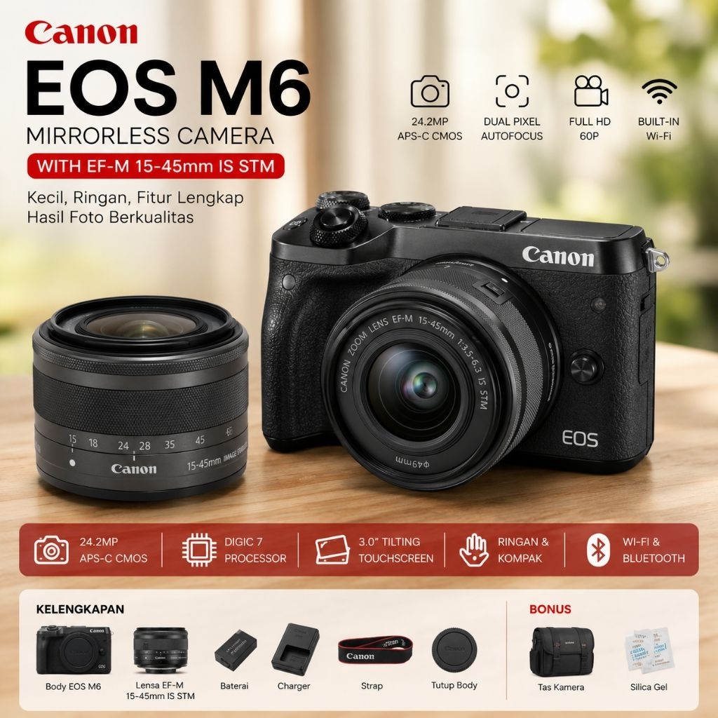 Canon EOS M6 Kit 15-45mm IS STM Second Original Mirrorless Kamera Vlog Foto Video WiFi