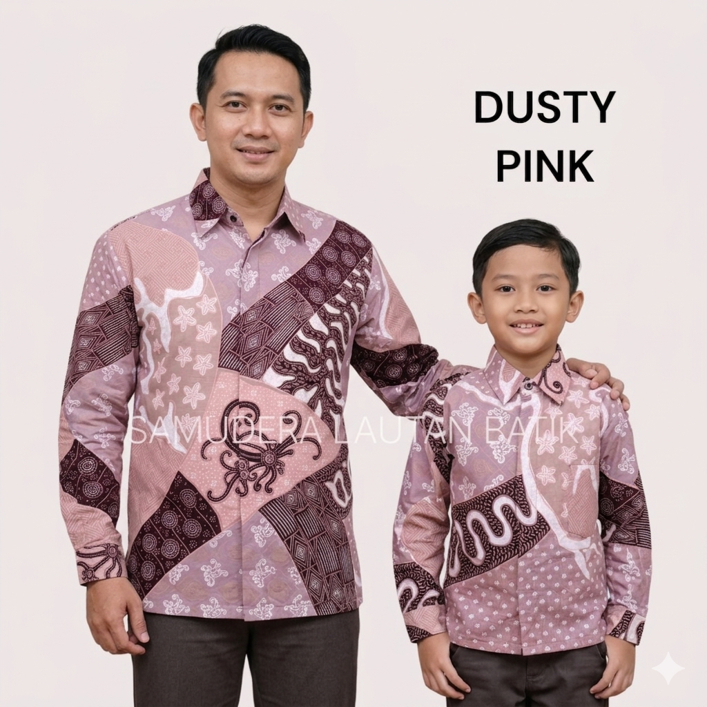 Batik Pria Warna Dusty Pink Motif CUMI,Warna Pink Salem,Kemeja Batik Pria Couple Ayah Anak Warna Pin