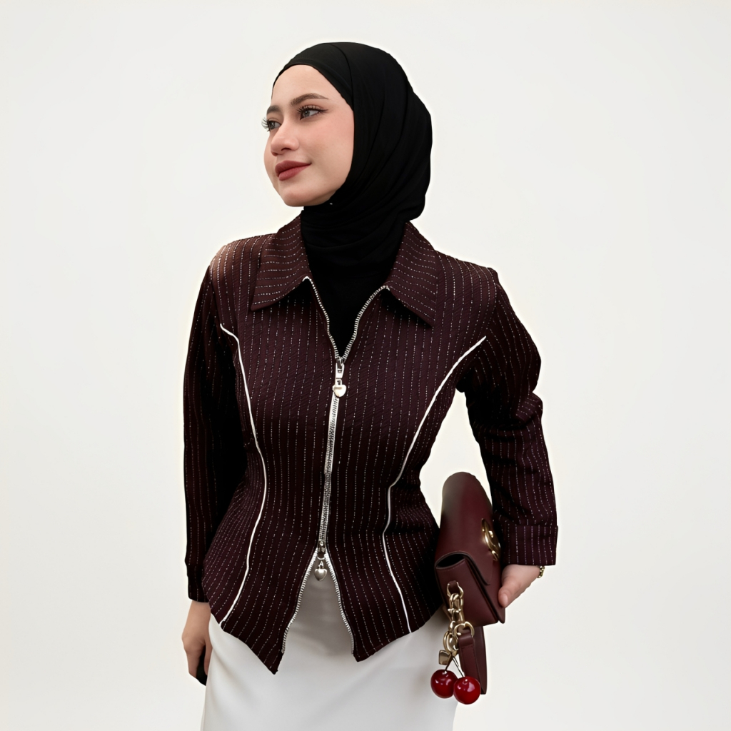 BeWiise - Dyffa Zipper Shirt Stripe Fitted Korean Style